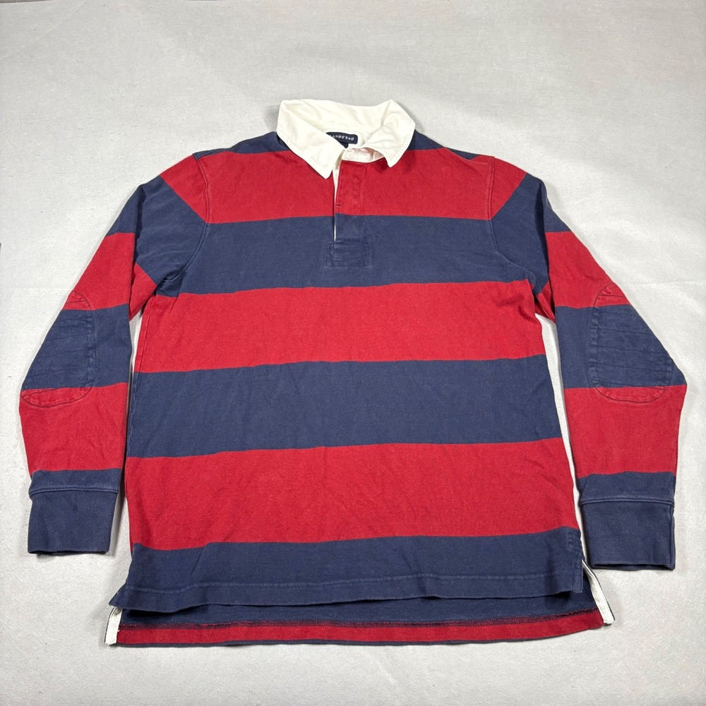 Lands End Mens Large Red Navy Blue Striped Long Sleeve Rugby Shirt Elbow Patches